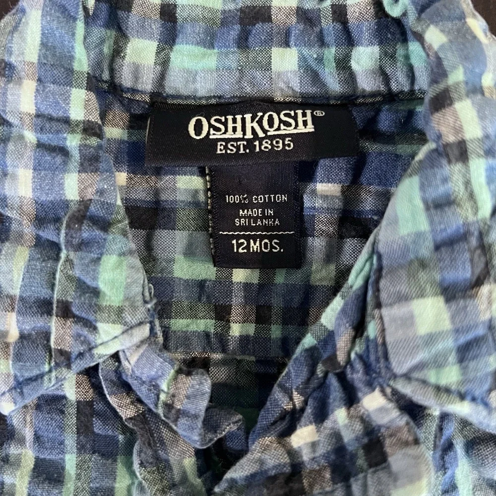 OshKosh B'gosh Baby Boys 12M Blue Plaid Seersucker Button‎ Up Shirt EUC
